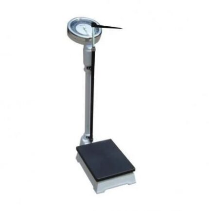 Mechanical physician weighing scale with dial gauge and telescoping height measuring rod isolated on white background